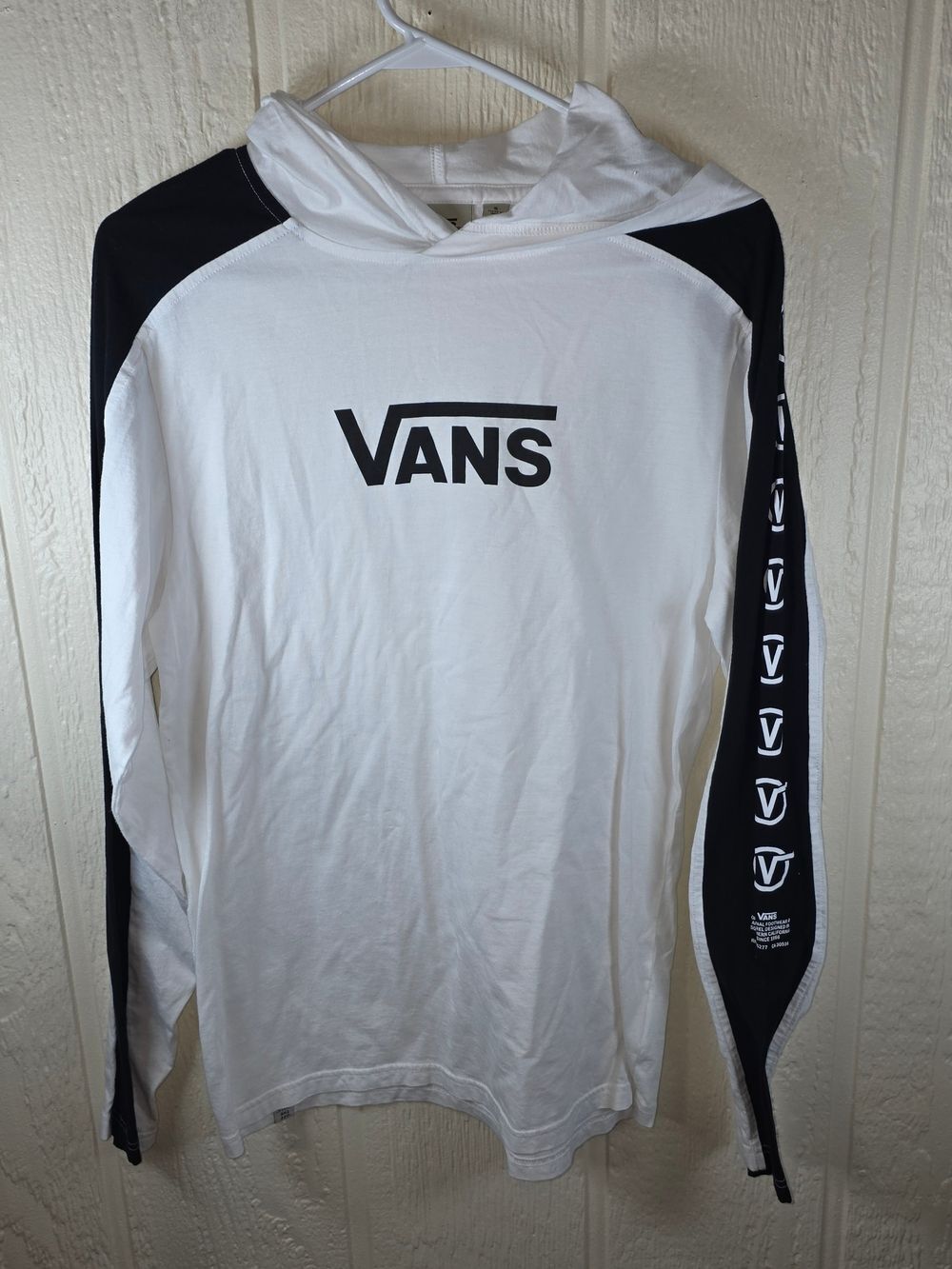Men's Vans White & Black Logo Hooded Long Sleeve, Size Small